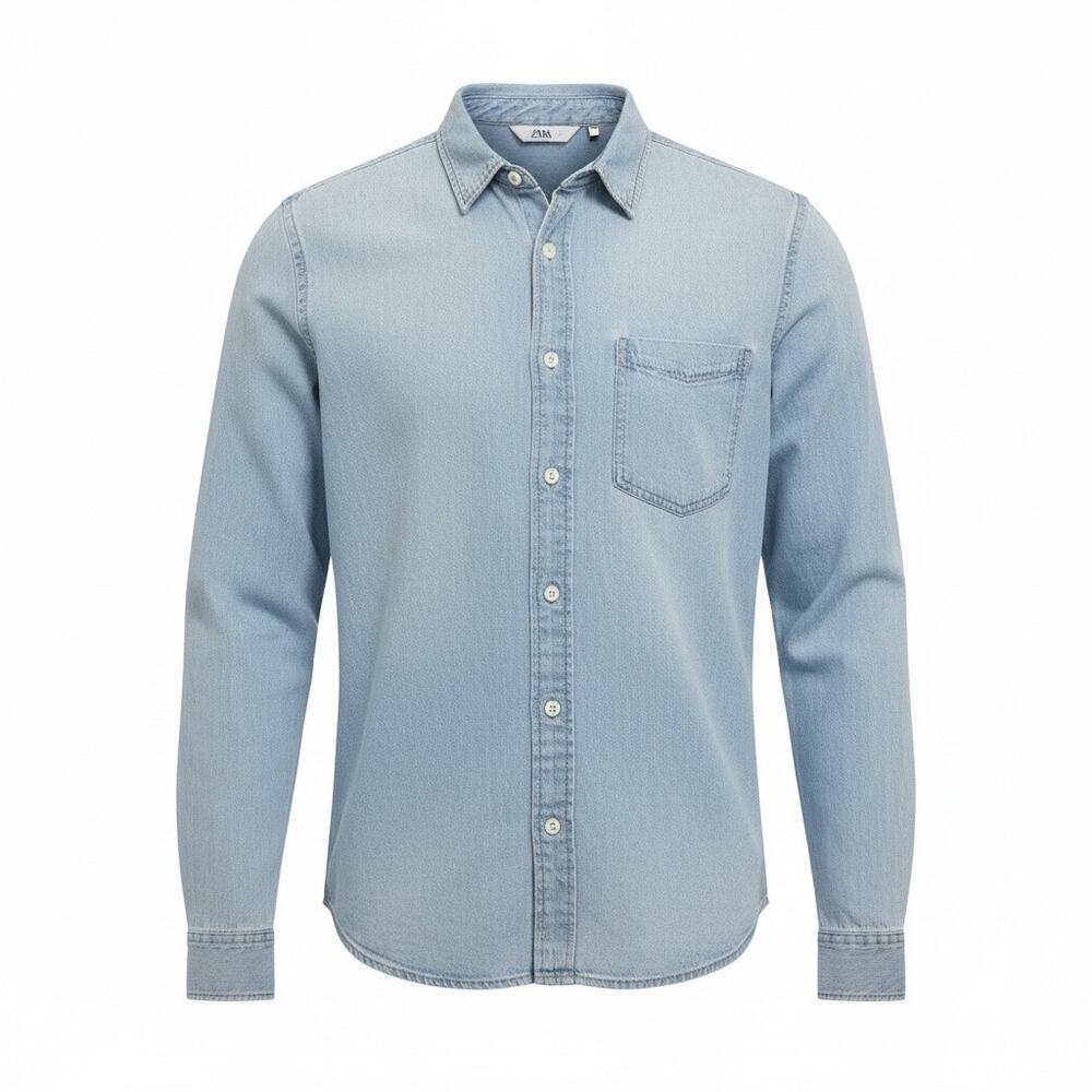Zara Denim Button Up Long Sleeve Shirt Men Large Light Blue Cotton Casual Preppy